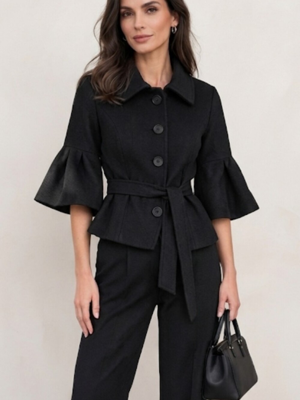 Womens Black Short Belted Jacket
